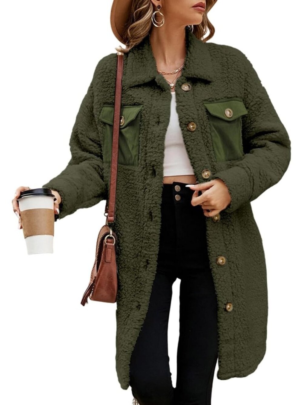 Women's Green 100% Polyester Warm Faux Fuzzy Fleece Button Down Long Teddy Coat